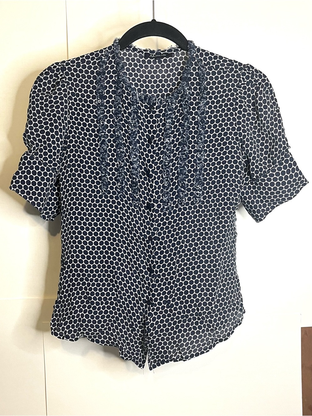 Anne Klein Petite (VTG 6P/Fits XSP) Navy White Polka Dot Fringe Silk Blouse